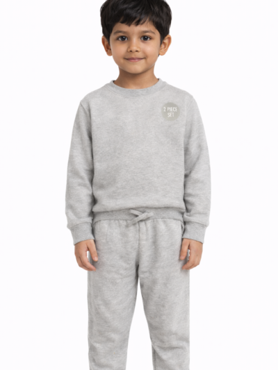 Shop by Category 29 Kids Premium Cotton Fleece Co-ord Set Light Grey Full Sleeve Sweatshirt and Jogger Pants Front and Back View