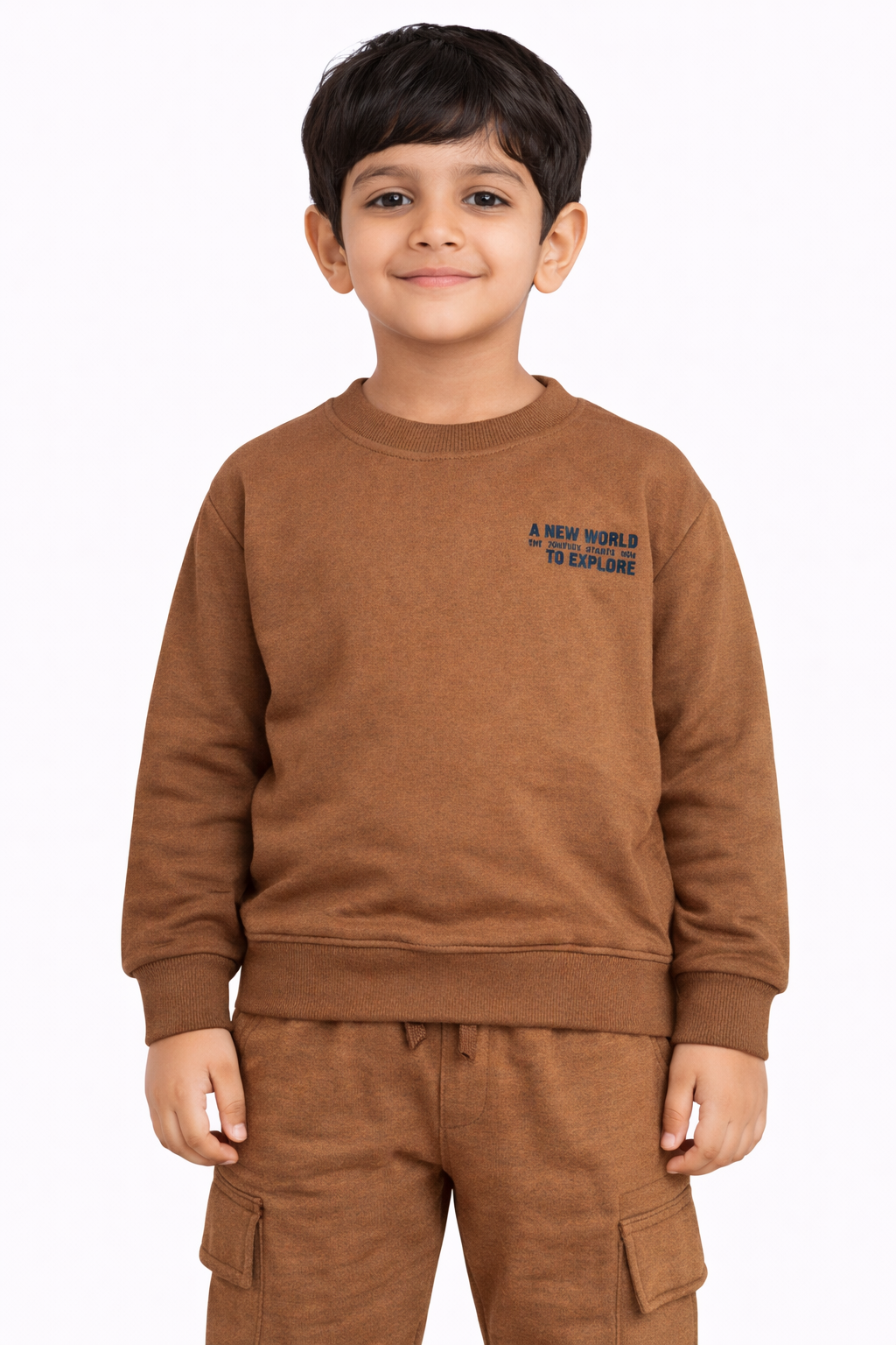 Kids Brown Winter Sweatshirt Jogger Set | Soft 2-Piece Cotton Blend Outfit (200 GSM) 4 Kids Brown Winter Sweatshirt Jogger Set with Full Sleeve Sweatshirt and Cargo Jogger Pants in Brown