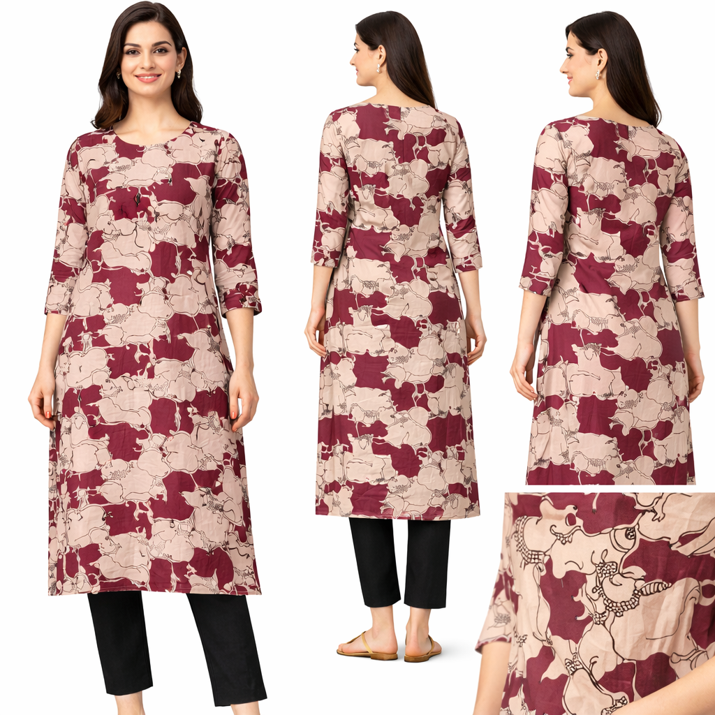 5 Stunning Maroon Cow Print Kalamkari Kurti for Elegant Daily Style 5 Maroon Cow Print Kalamkari Kurti for women with artistic traditional print design