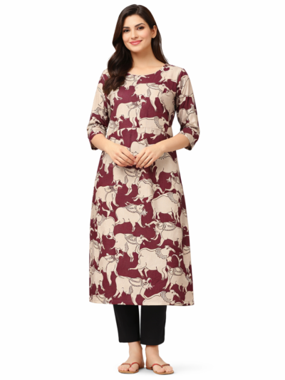 Shop by Category 26 Maroon Cow Print Kalamkari Kurti for women with artistic traditional print design