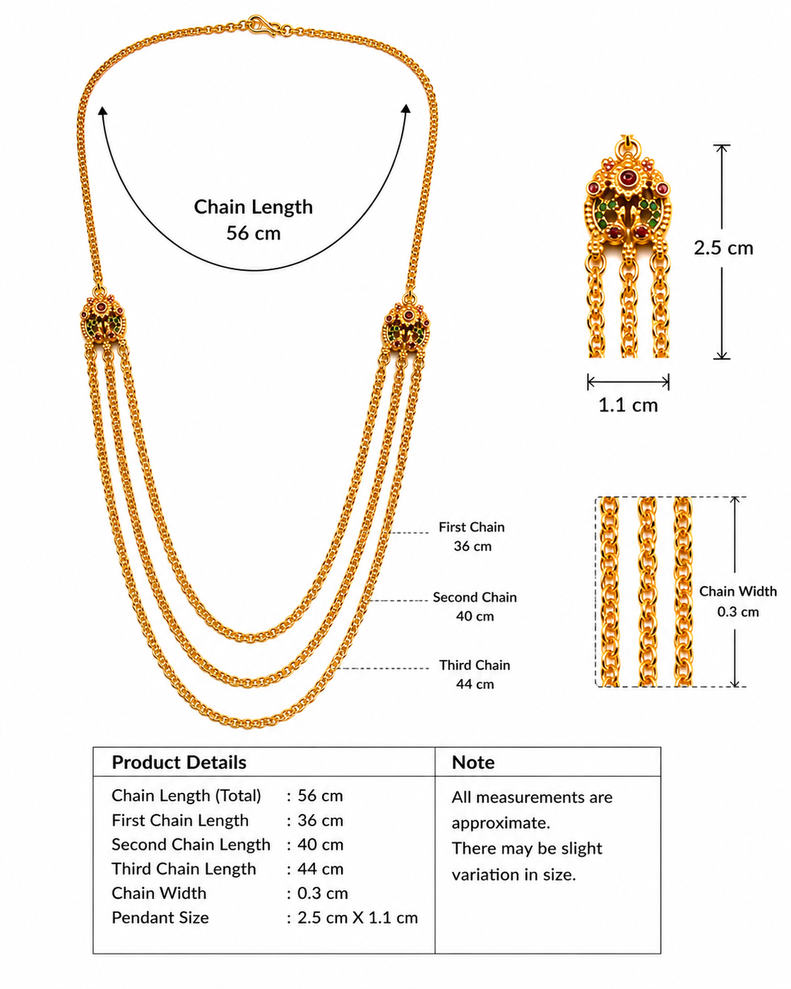 Traditional Multi Layer Haram Necklace for Women – Gold Finish Temple Design Long Chain 7 Traditional Multi Layer Haram Necklace with gold finish, temple motifs, red and green stone accents, and triple-layer chain design for women