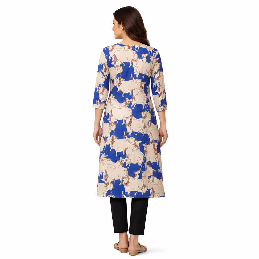 4 Stunning Blue Cow Print Kalamkari Kurti for Elegant Women XL XXL 9 Blue Cow Print Kalamkari Kurti for women with artistic traditional print design