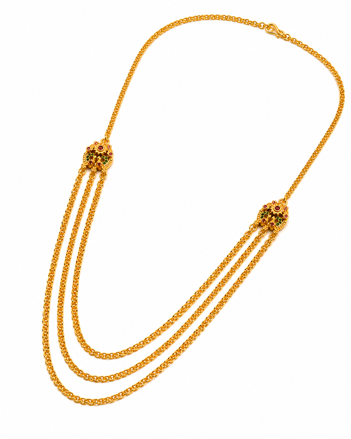 Traditional Multi Layer Haram Necklace for Women – Gold Finish Temple Design Long Chain 6 Traditional Multi Layer Haram Necklace with gold finish, temple motifs, red and green stone accents, and triple-layer chain design for women
