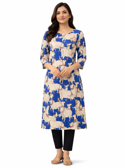 Shop by Category 25 Blue Cow Print Kalamkari Kurti for women with artistic traditional print design