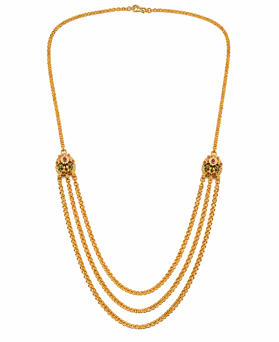 Traditional Multi Layer Haram Necklace for Women – Gold Finish Temple Design Long Chain 5 Traditional Multi Layer Haram Necklace with gold finish, temple motifs, red and green stone accents, and triple-layer chain design for women