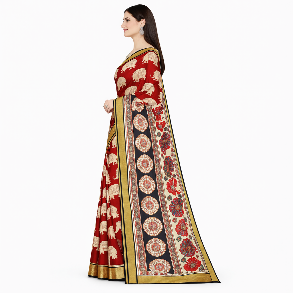 5 Royal Red Elephant Kalamkari Silk Saree with Nizam Border 7 Red Elephant Kalamkari Silk Saree with traditional elephant motifs and Nizam border
