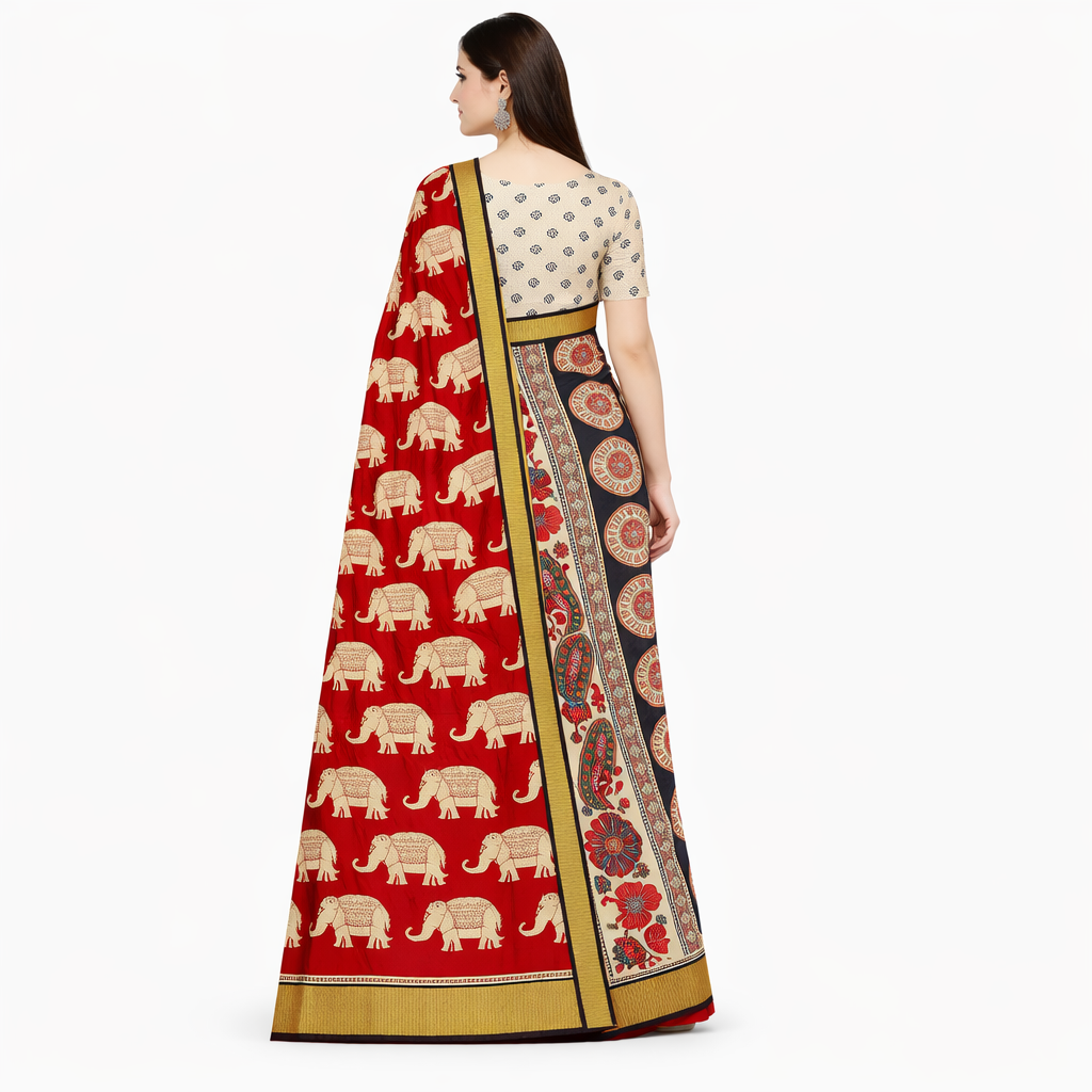 5 Royal Red Elephant Kalamkari Silk Saree with Nizam Border 6 Red Elephant Kalamkari Silk Saree with traditional elephant motifs and Nizam border