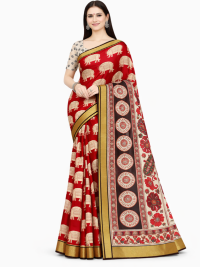Shop by Category 37 Red Elephant Kalamkari Silk Saree with traditional elephant motifs and Nizam border