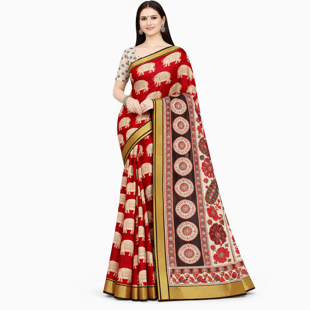 5 Royal Red Elephant Kalamkari Silk Saree with Nizam Border 4 Red Elephant Kalamkari Silk Saree with traditional elephant motifs and Nizam border