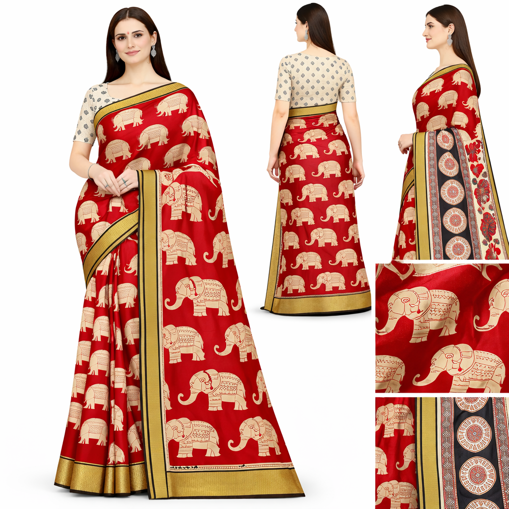 5 Royal Red Elephant Kalamkari Silk Saree with Nizam Border 5 Red Elephant Kalamkari Silk Saree with traditional elephant motifs and Nizam border