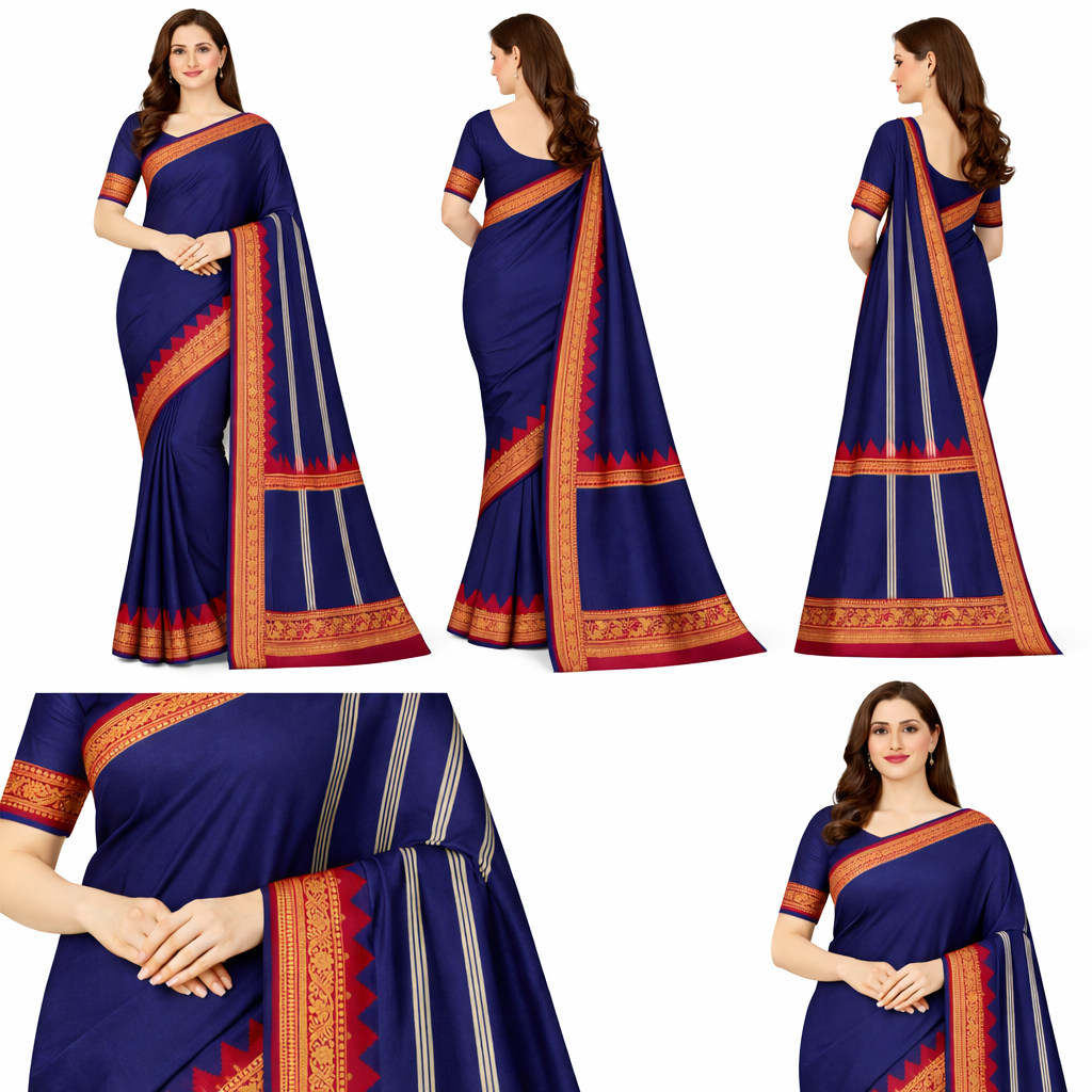 Royal Navy Blue Gadwal Handloom Saree with Elegant Zari Border 6 Navy Blue Gadwal Handloom Saree with maroon zari border and traditional temple motifs