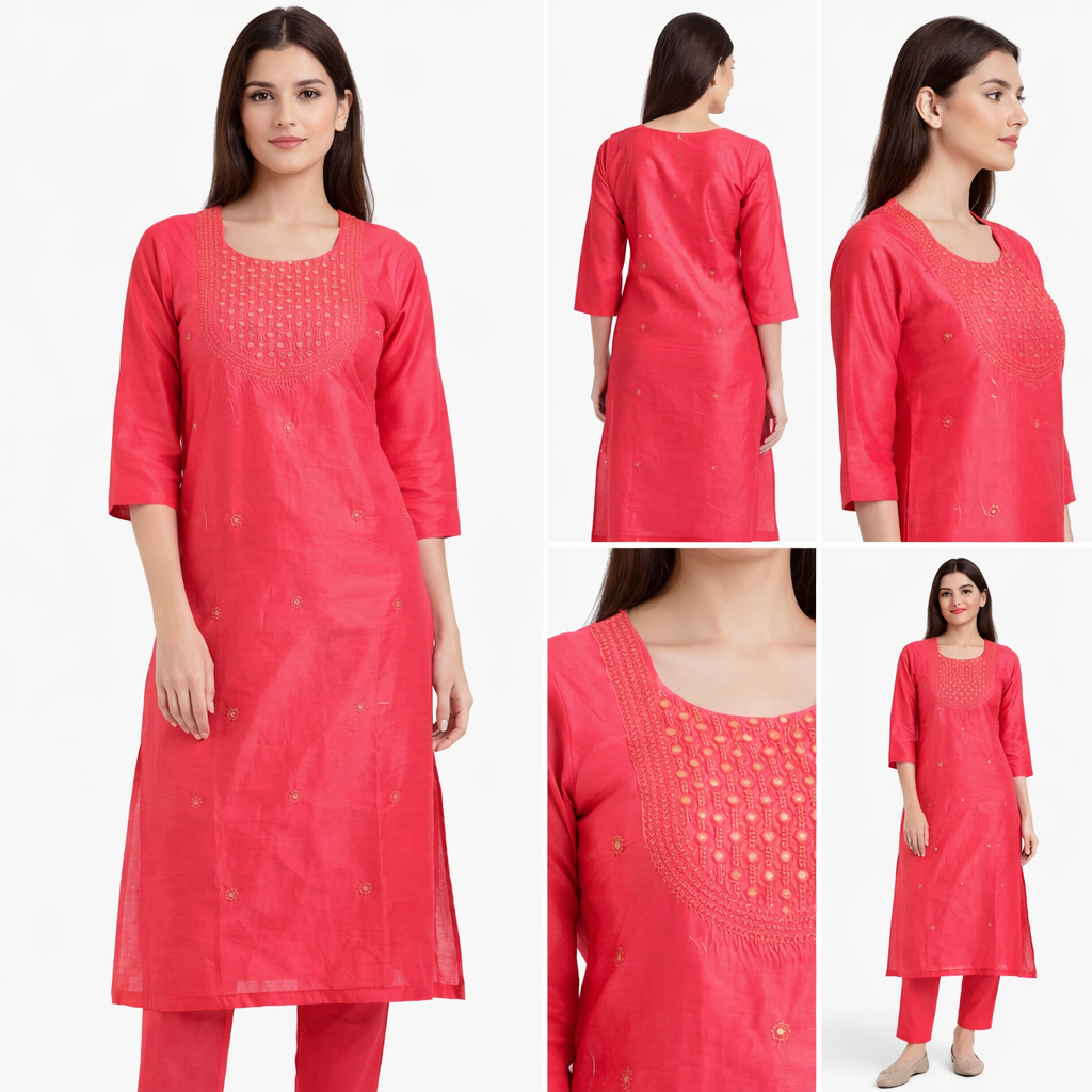 2 Beautiful Pink Embroidered Kurti for Elegant Everyday Style 6 Pink Embroidered Kurti for women with elegant neckline embroidery and three-quarter sleeves