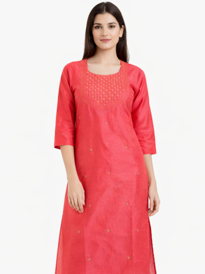 Shop by Category 28 Pink Embroidered Kurti for women with elegant neckline embroidery and three-quarter sleeves