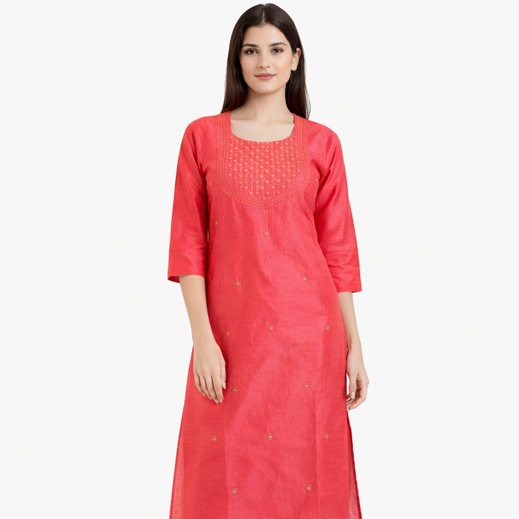 2 Beautiful Pink Embroidered Kurti for Elegant Everyday Style 4 Pink Embroidered Kurti for women with elegant neckline embroidery and three-quarter sleeves