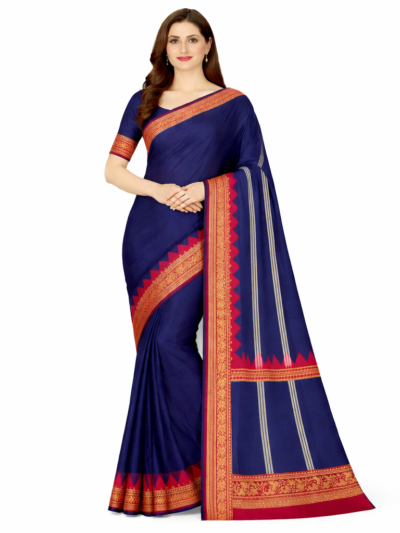 Shop by Category 35 Navy Blue Gadwal Handloom Saree with maroon zari border and traditional temple motifs