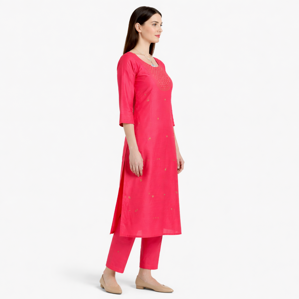 2 Beautiful Pink Embroidered Kurti for Elegant Everyday Style 9 Pink Embroidered Kurti for women with elegant neckline embroidery and three-quarter sleeves