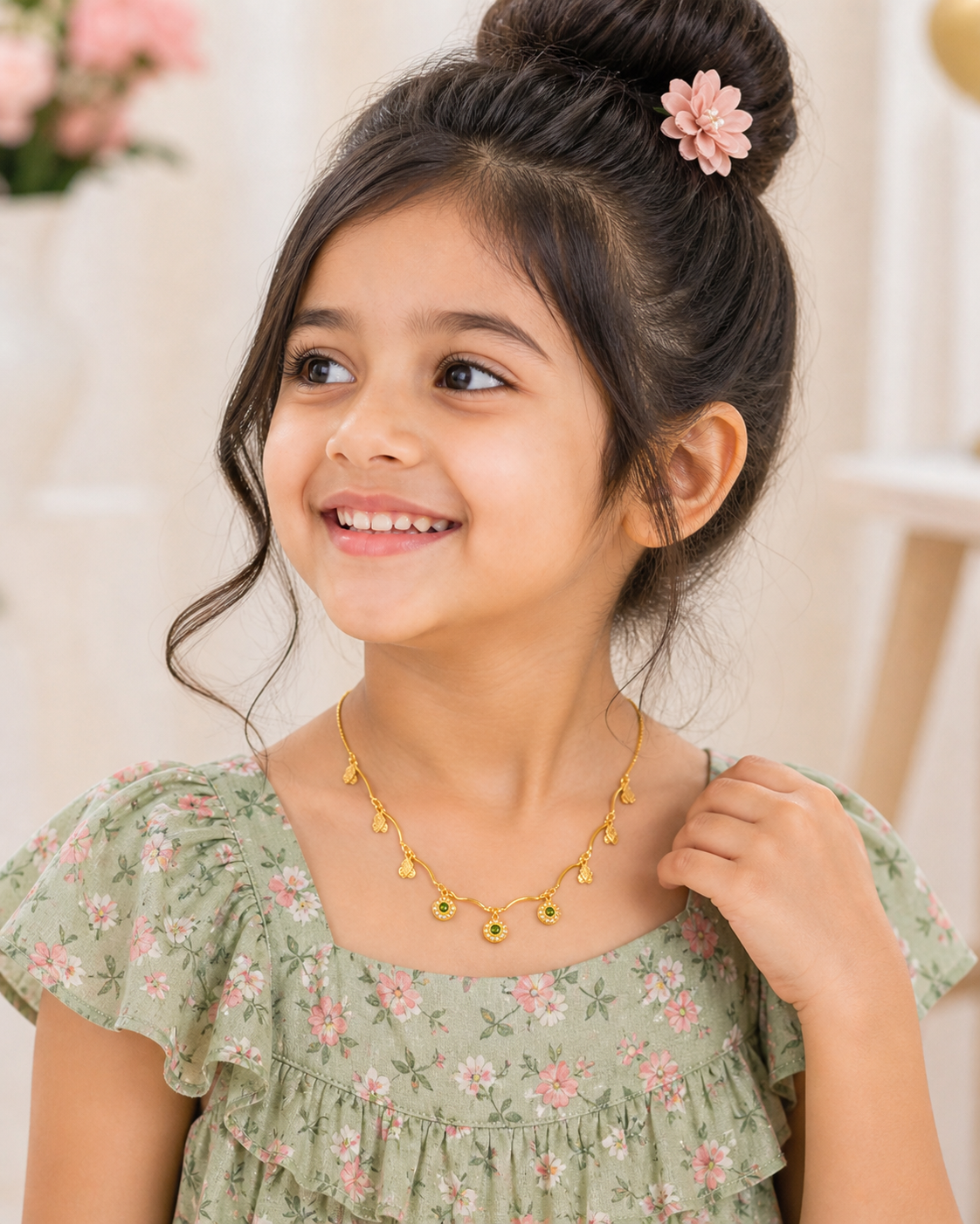 Green Stone Leaf Charm Kids Chain – Gold Tone Necklace for Girls 10 Green Stone Leaf Charm Kids Chain with gold tone leaf charms and green stone drops for girls