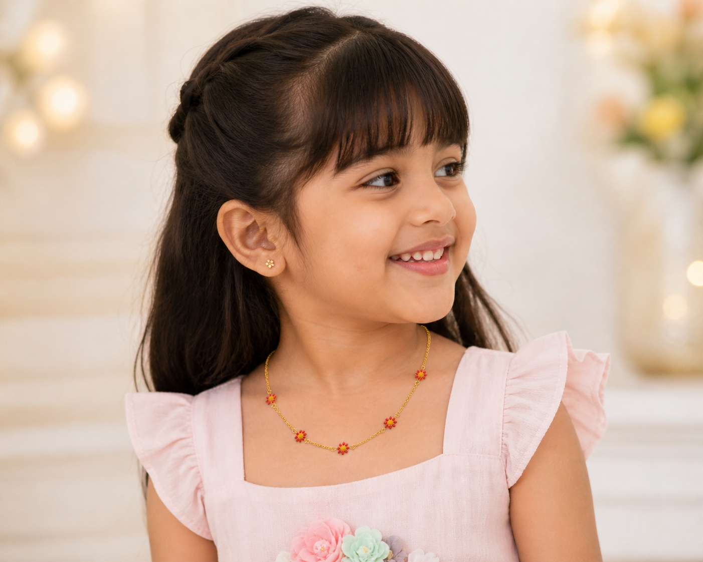 Kids Gold Tone Red Floral Chain – Lightweight Necklace for Girls 6 Kids Gold Tone Red Floral Chain for Girls