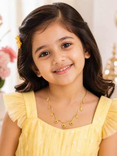 Shop by Category 21 Green Stone Leaf Charm Kids Chain with gold tone leaf charms and green stone drops for girls