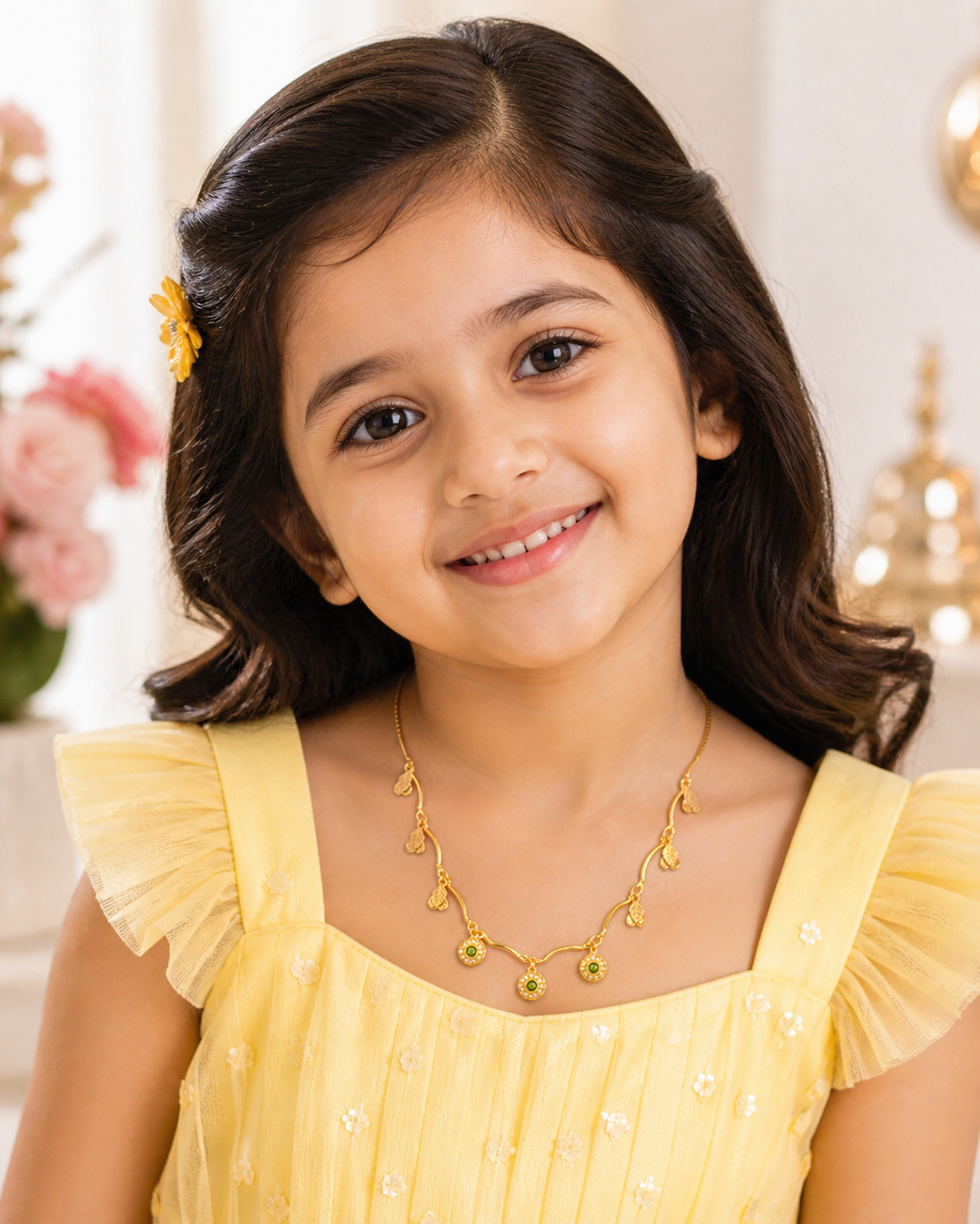 Green Stone Leaf Charm Kids Chain – Gold Tone Necklace for Girls 4 Green Stone Leaf Charm Kids Chain with gold tone leaf charms and green stone drops for girls