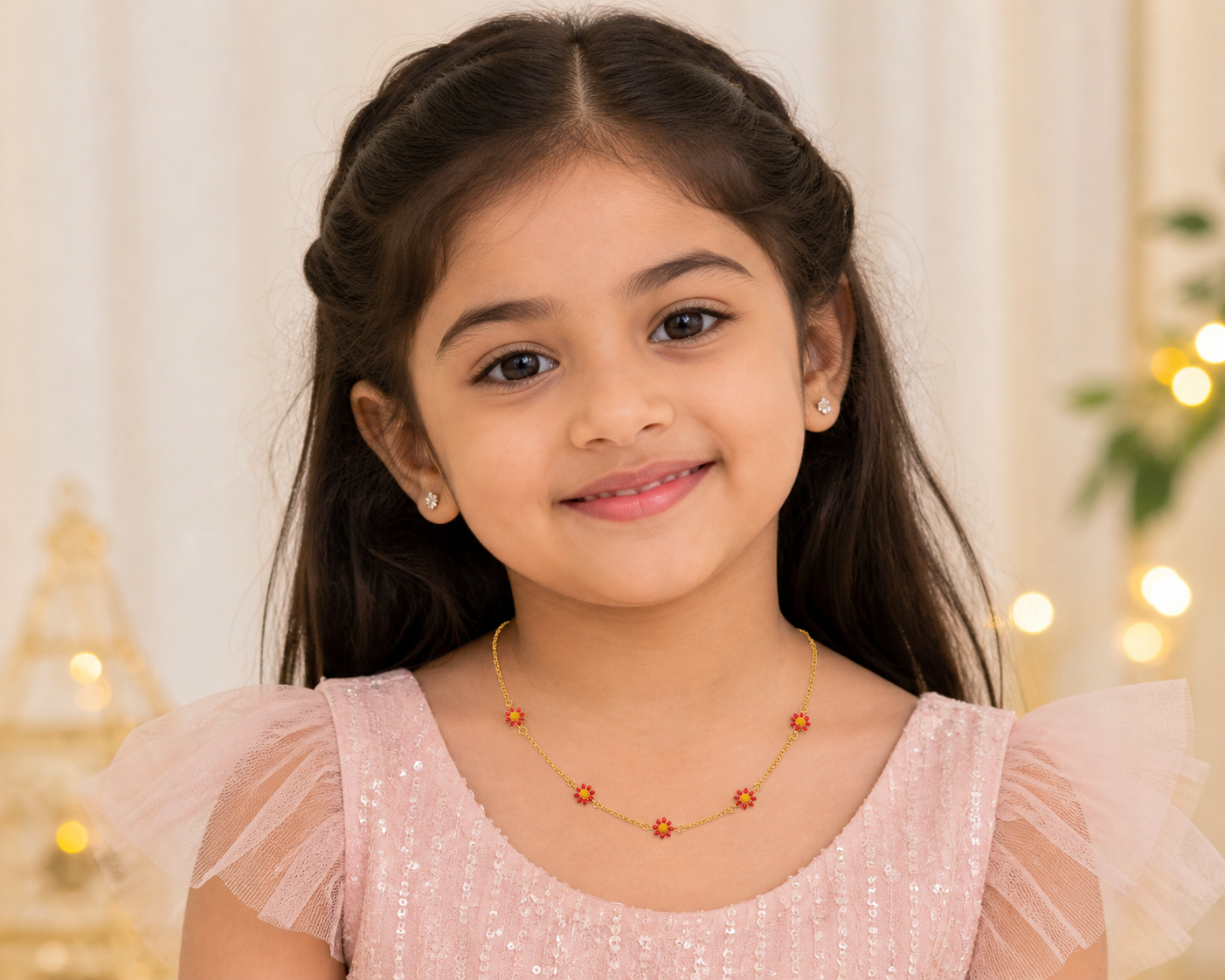 Kids Gold Tone Red Floral Chain – Lightweight Necklace for Girls 4 Kids Gold Tone Red Floral Chain for Girls
