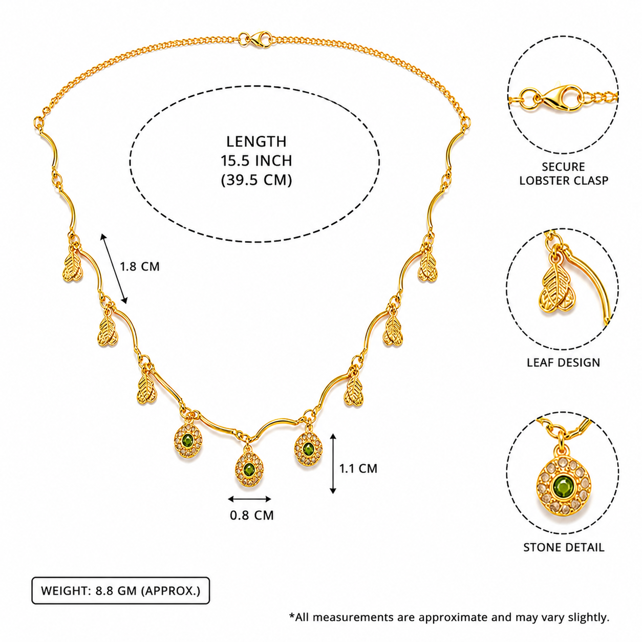 Green Stone Leaf Charm Kids Chain – Gold Tone Necklace for Girls 6 Green Stone Leaf Charm Kids Chain with gold tone leaf charms and green stone drops for girls