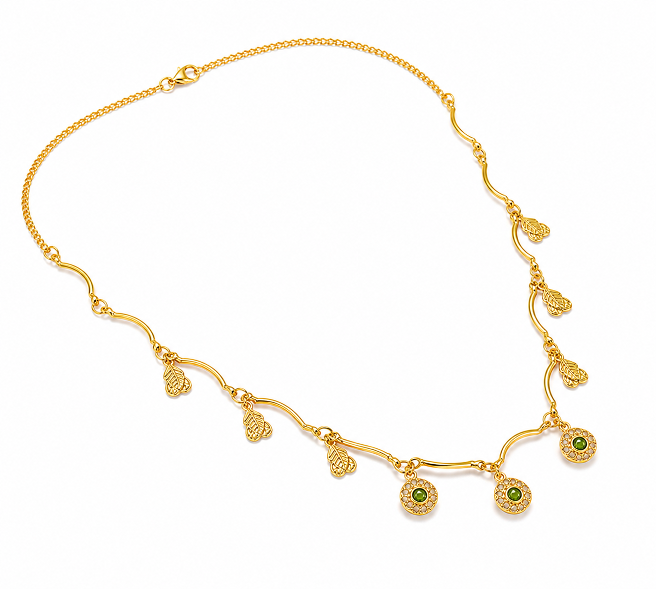Green Stone Leaf Charm Kids Chain – Gold Tone Necklace for Girls 7 Green Stone Leaf Charm Kids Chain with gold tone leaf charms and green stone drops for girls