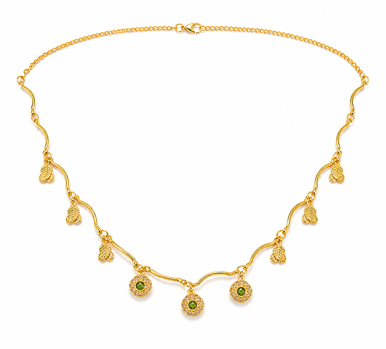 Green Stone Leaf Charm Kids Chain – Gold Tone Necklace for Girls 8 Green Stone Leaf Charm Kids Chain with gold tone leaf charms and green stone drops for girls