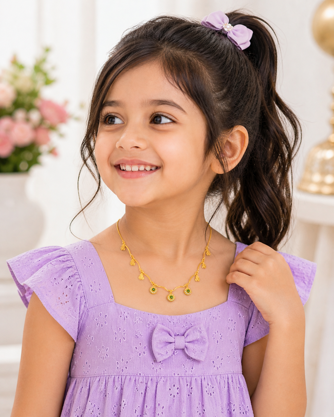 Green Stone Leaf Charm Kids Chain – Gold Tone Necklace for Girls 9 Green Stone Leaf Charm Kids Chain with gold tone leaf charms and green stone drops for girls