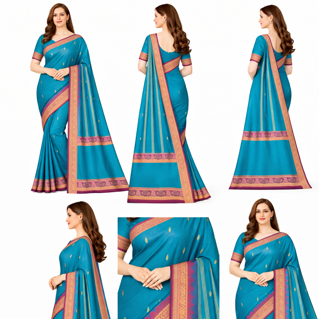 Teal Blue Gadwal Pure Handloom Saree with Magenta Floral Zari Border 5 Teal Blue Gadwal Pure Handloom Saree with Magenta Floral Zari Border