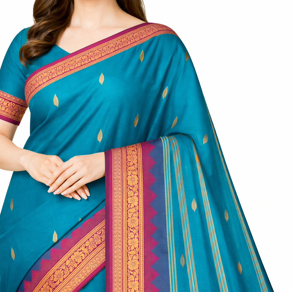 Teal Blue Gadwal Pure Handloom Saree with Magenta Floral Zari Border 8 Teal Blue Gadwal Pure Handloom Saree with Magenta Floral Zari Border