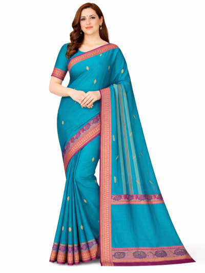 Shop by Category 41 Teal Blue Gadwal Pure Handloom Saree with Magenta Floral Zari Border