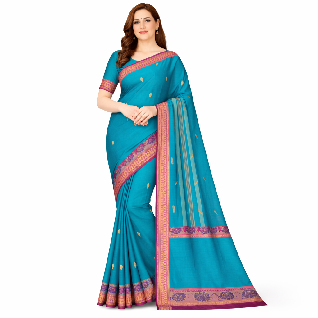 Teal Blue Gadwal Pure Handloom Saree with Magenta Floral Zari Border 4 Teal Blue Gadwal Pure Handloom Saree with Magenta Floral Zari Border